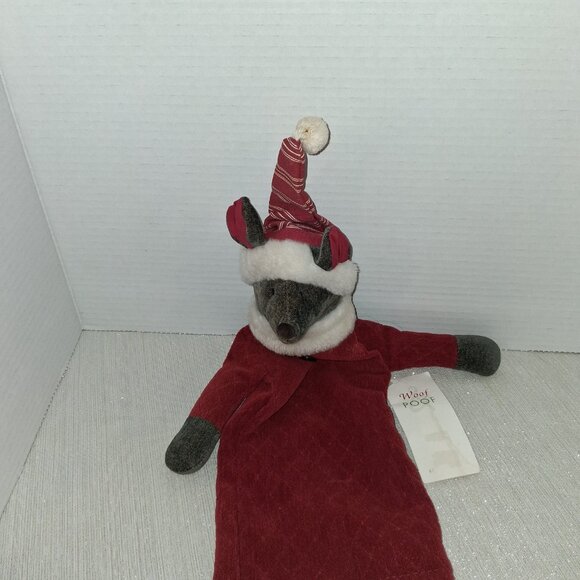 Vintage 2007 Woof & Poof Wine Bottle Cover Wolf Gray Dog Santa Hat NWT Gift - Picture 3 of 4